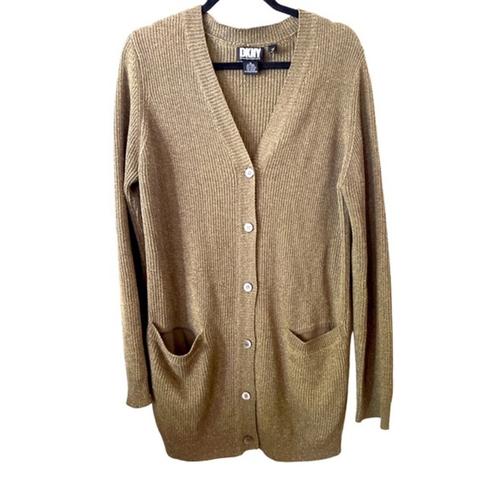 DKNY‎ longline cardigan linen cotton blend khaki brown color button front M